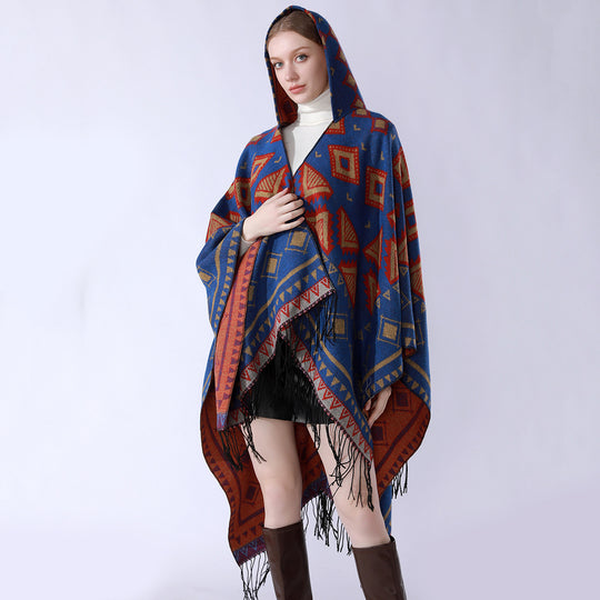 Damen Zweilagiger Kapuzen-Überwurf mit asymmetrischem Fransensaum und geometrischem Jacquard Shop Nory