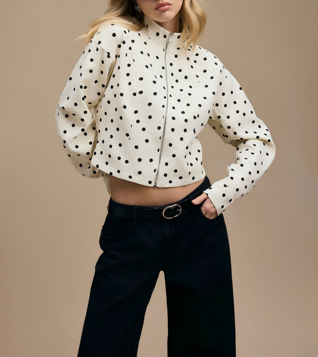 Damen Gepunktete Kurzjacke mit Stehkragen und Reißverschluss Shop Nory