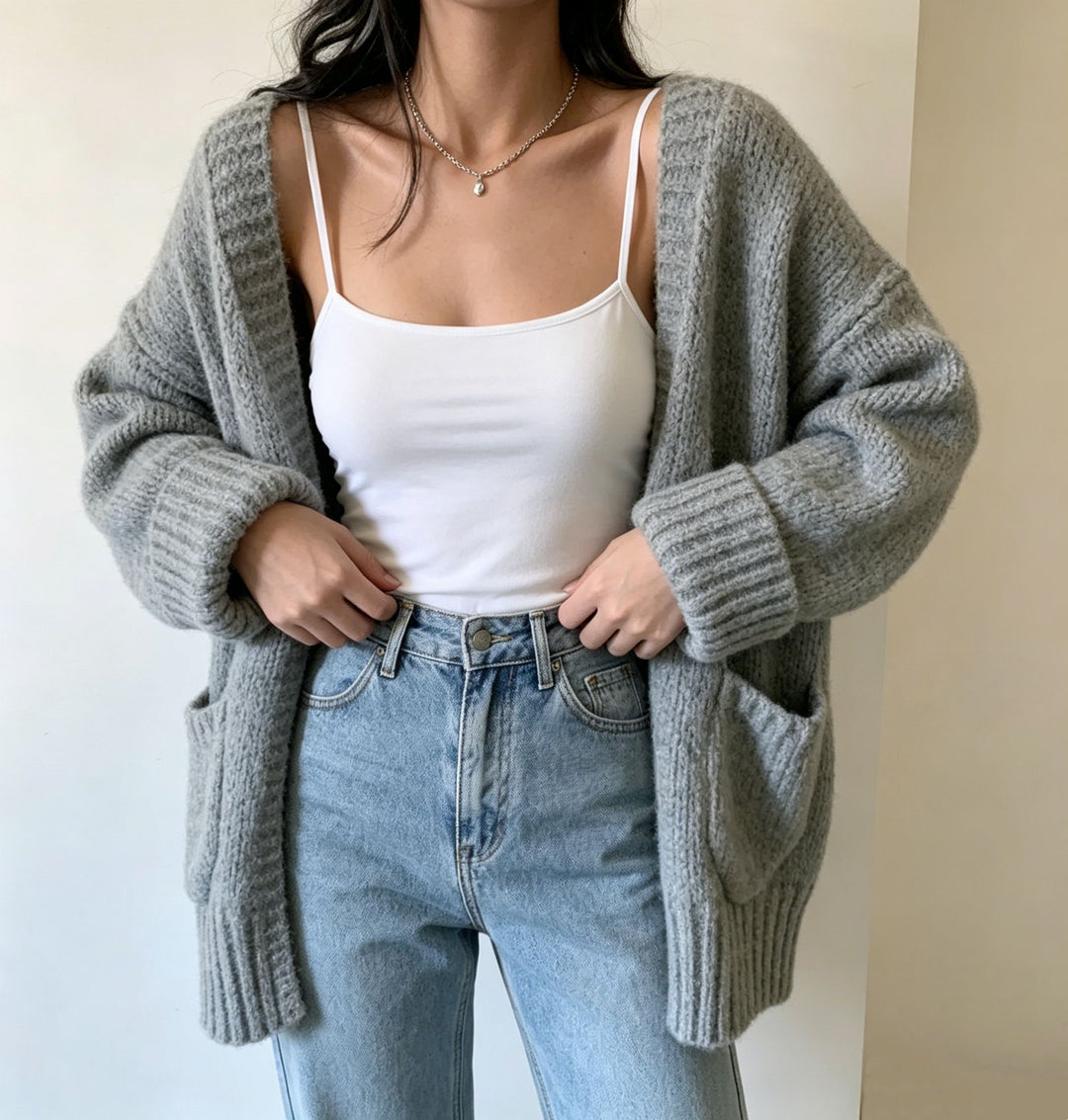 Damen Langer Offener Grobstrick-Cardigan mit aufgesetzten Taschen und gerippten Bündchen Shop Nory