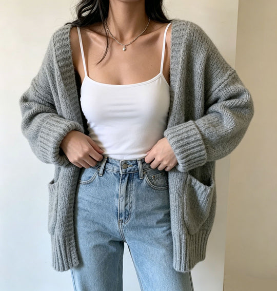 Damen Langer Offener Grobstrick-Cardigan mit aufgesetzten Taschen und gerippten Bündchen Shop Nory