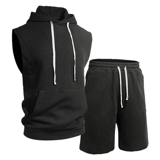 Herren nan ärmelloses Kapuzen-Lounge-Set aus strukturierter Baumwollmischung mit Kängurutasche und elastischer Freizeithose