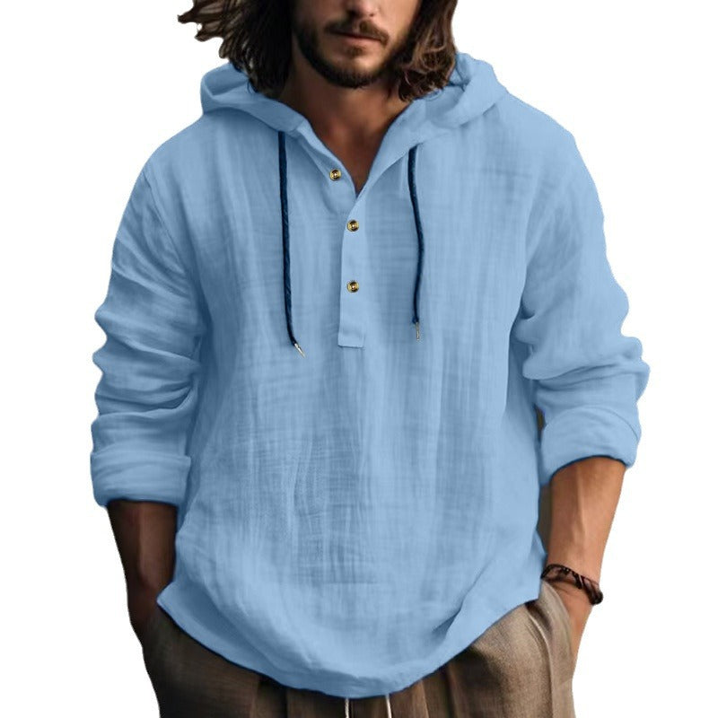 Herren nan leichtes Kapuzen-Henley Leinenhemd mit Knopfleiste und Kordelzug Shop Nory