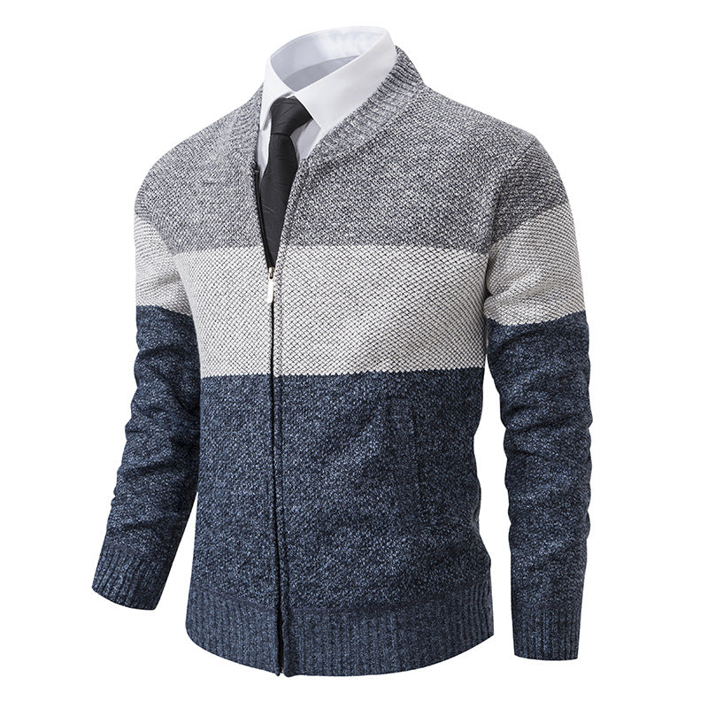Herren Strukturierte Blockstreifen‑Strickjacke mit Frontzip, Stehkragen und Eingrifftaschen Shop Nory