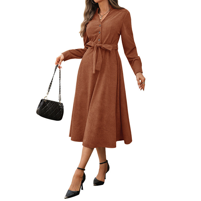 Damen Midikleid A‑Linie mit V‑Ausschnitt, Knopfleiste, dreiviertelärmeln und Taillenband Shop Nory