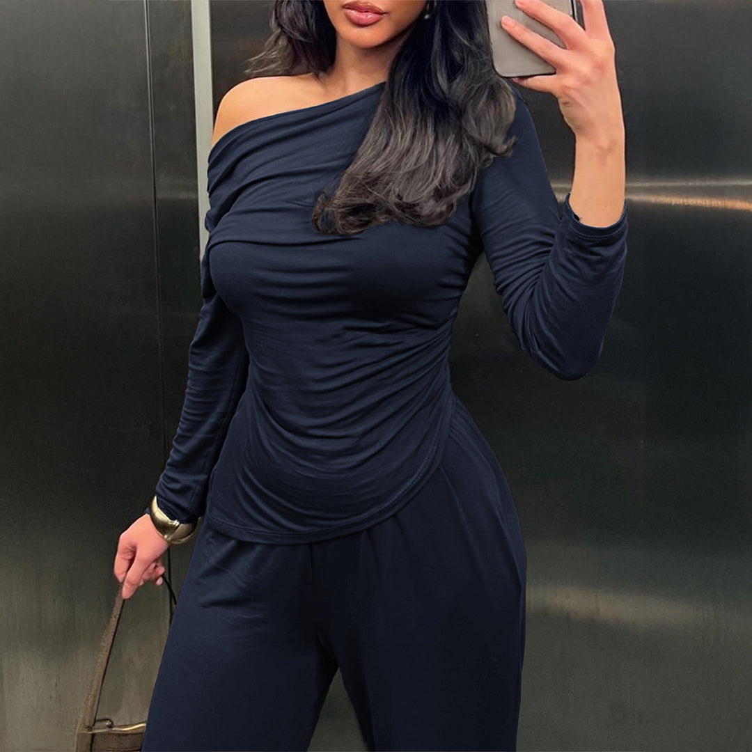Damen nan zweiteiliges Jersey-Set mit asymmetrischer Wickeloptik, Langarmtop und weiter High‑Waist‑Hose Shop Nory