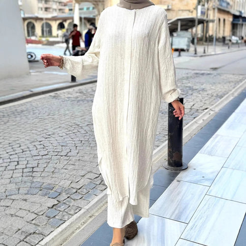 Damen Langes Crinkle-Kaftankleid mit Ballonärmeln und Stehkragenoptik Shop Nory