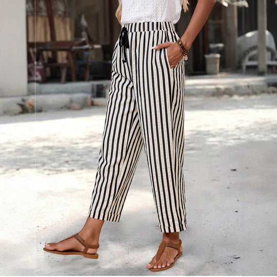 Damen Leichte hochtaillierte Streifen-Hose mit Elastikbund, Kordelzug und Seitentaschen Shop Nory