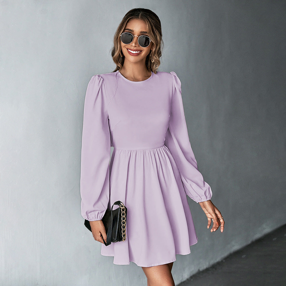 Damen schickes Cocktailkleid mit geraffter Taille, langen Ballonärmeln und rundem Ausschnitt Shop Nory