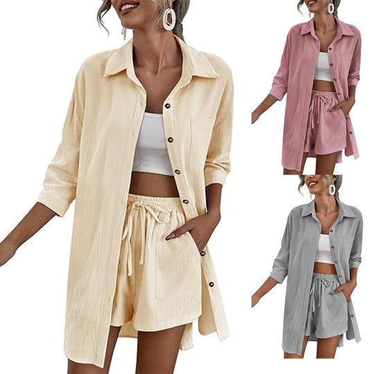 Damen Leichtes Longline-Hemdjacken-Set mit elastischer High-Waist-Shorts Shop Nory