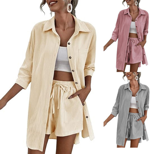 Damen Leichtes Longline-Hemdjacken-Set mit elastischer High-Waist-Shorts Shop Nory