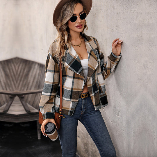 Damen Modische Karo Jacke mit Kragen Shop Nory