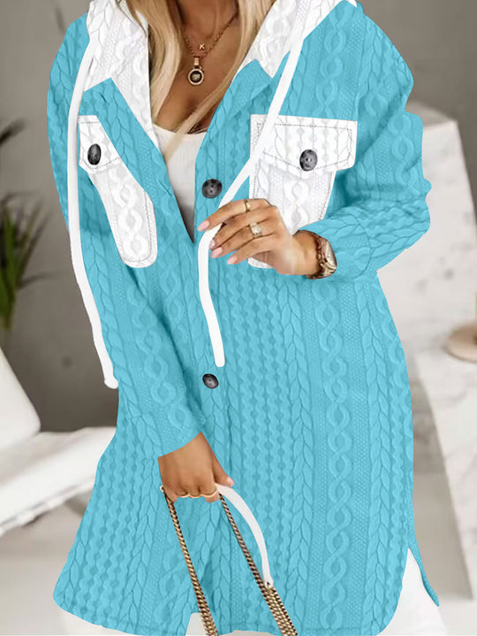 Damen Longline-Strickmantel mit Kapuze, Zierknöpfen und Kontrasttaschen Shop Nory