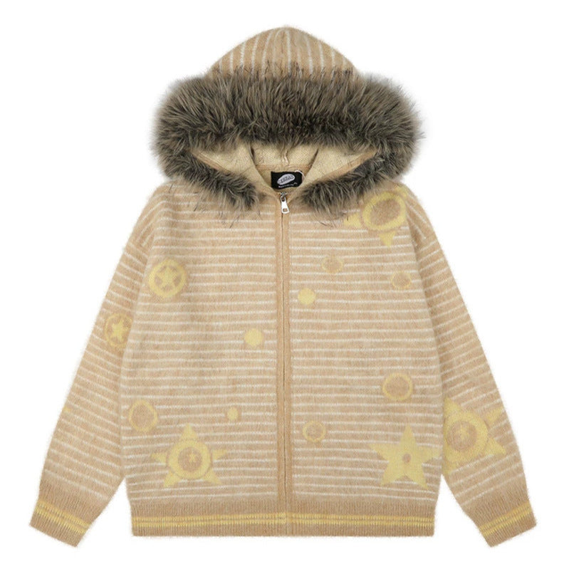 Damen Kapuzen-Strickjacke mit Fellbesatz, gestreifter Mohair‑Optik und Sternapplikationen Shop Nory