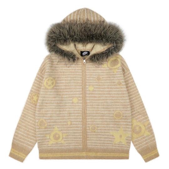 Damen Kapuzen-Strickjacke mit Fellbesatz, gestreifter Mohair‑Optik und Sternapplikationen Shop Nory