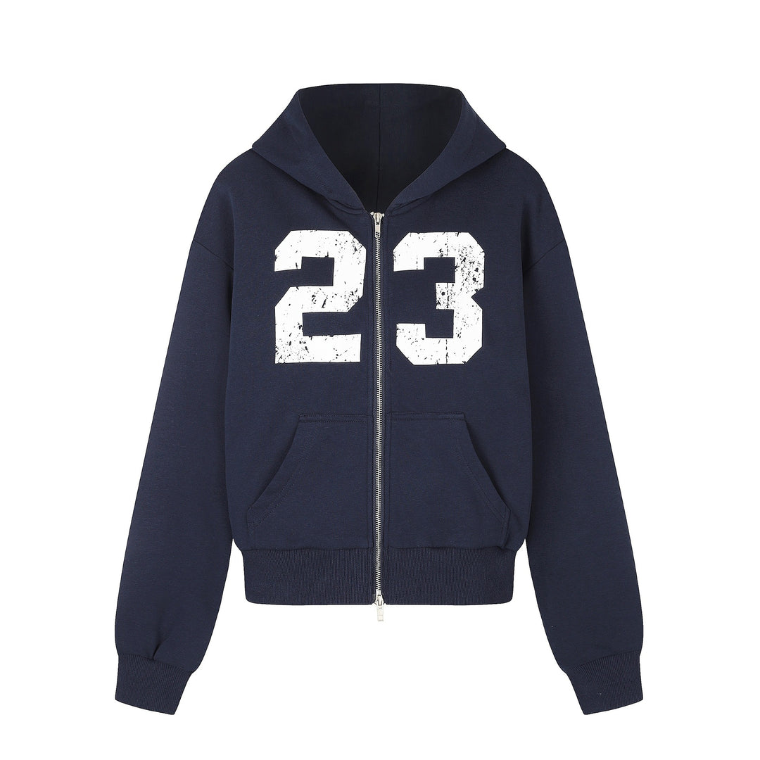 Damen Zip‑Hoodie im Boxy‑Schnitt mit Kängurutasche und Nummernprint Shop Nory