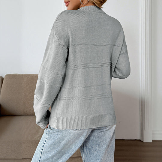 Damen Oversized V‑Ausschnitt Strickpullover mit Off-Shoulder und Strukturstreifen Shop Nory