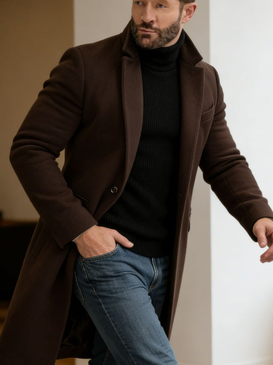 Herren Langer taillierter Wollmantel mit Reverskragen und Pattentaschen Shop Nory