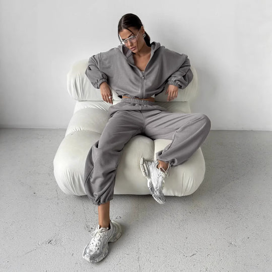Damen Lounge-Set Cropped-Zip-Hoodie mit Oversize-Ärmeln und High-Waist Palazzo-Jogger Shop Nory