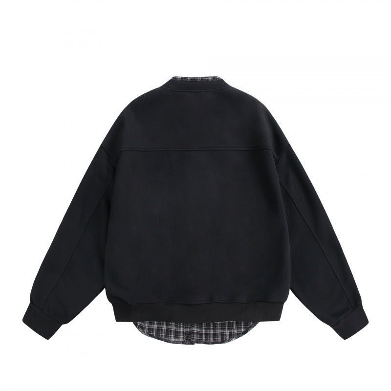 Herren Oversize-Sweatjacke im College‑Stil mit verdeckter Druckknopfleiste und kariertem Innenfutter Shop Nory