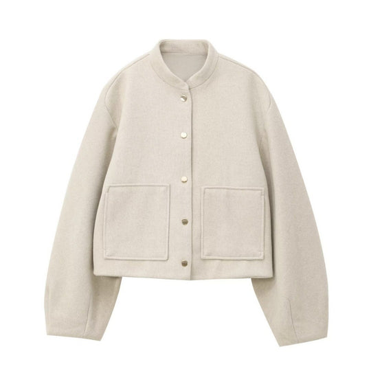 Damen Cropped Wollboxy‑Jacke mit kurzem Stehkragen und aufgesetzten Taschen Shop Nory