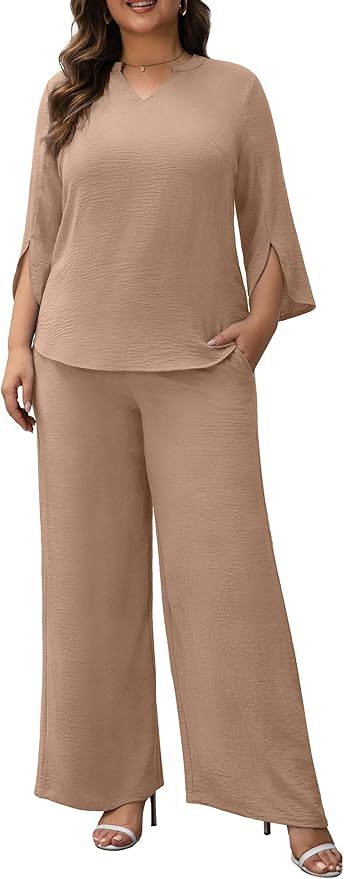 Damen Elegantes Zweiteiliges Palazzo-Set mit V‑Ausschnitt und geschlitzten 3/4‑Ärmeln Shop Nory