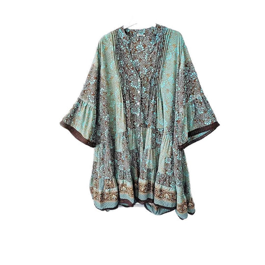 Damen nan luftiges Boho-Stufenkleid mit V-Ausschnitt weiten Fledermausärmeln und Spitzenbordüre Shopnory