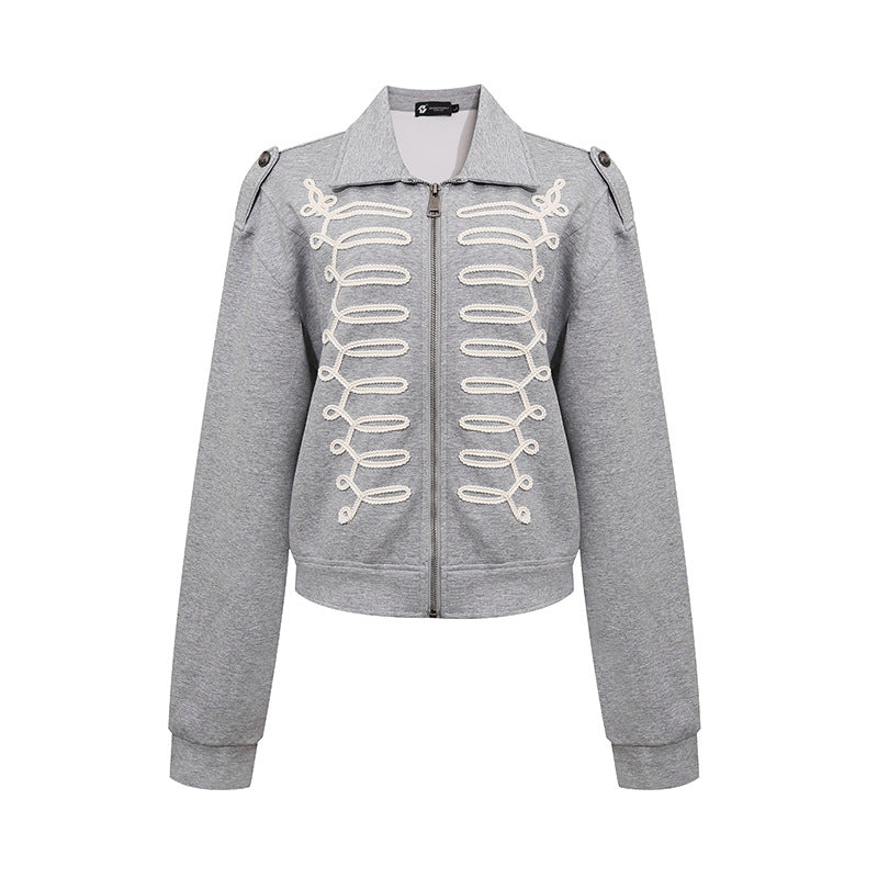 Damen Sweatjacke mit dekorativer Zierkordel, Reißverschluss und Schulterpatten Shop Nory