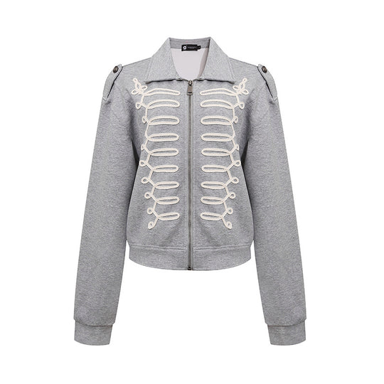Damen Sweatjacke mit dekorativer Zierkordel, Reißverschluss und Schulterpatten Shop Nory