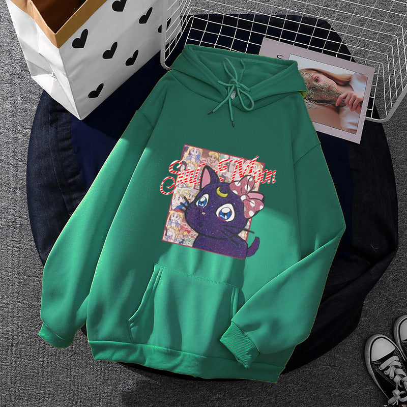 Damen nan Oversize-Kapuzenpullover mit glitzerndem Anime-Katzen-Motiv, Kängurutasche und weichem Fleece-Innenfutter Shop Nory