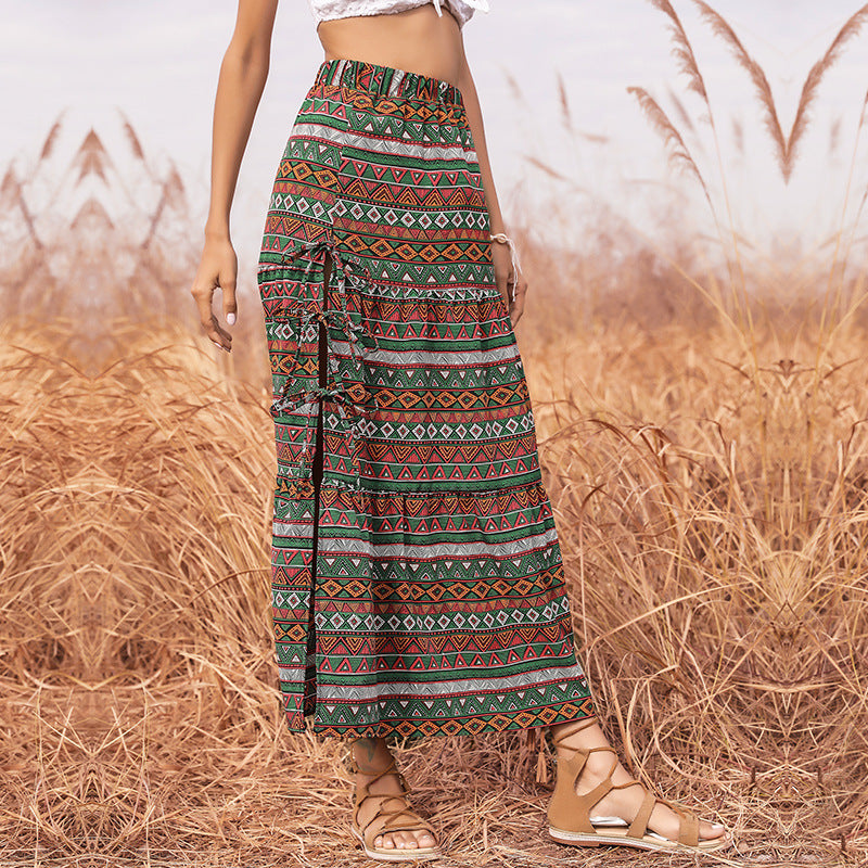 Damen Maxi-Stufenrock mit elastischem Taillenbund, seitlichen Knotendetails und Ethno-Print Shop Nory