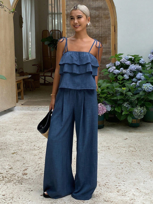 Damen Zweiteiliges Leinenoptik-Set mit mehrlagigem Volant-Top und weiten Palazzo-Hosen Shop Nory