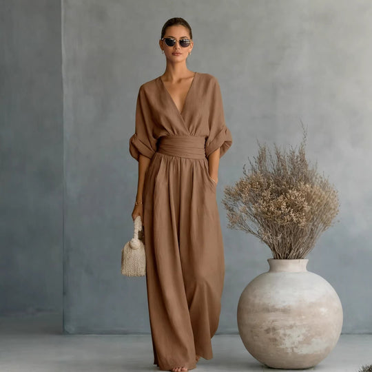 Damen Weit geschnittener Jumpsuit mit eleganten Drapierungen und V-Ausschnitt Shop Nory