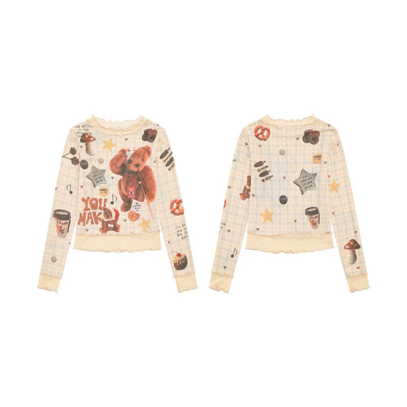 Damen Langarm Mesh-Top mit Teddy-Print und Lagenoptik Shop Nory