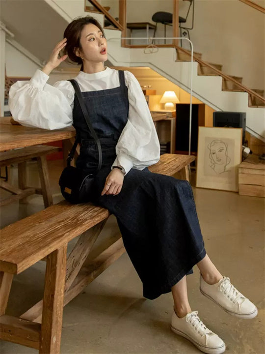 Damen Langes Jeans-Latzkleid mit eckigem Ausschnitt, Taillenband und vorderem Beinschlitz Shop Nory