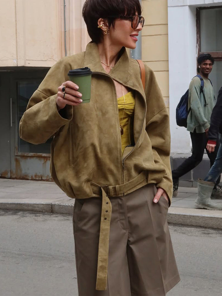 Damen Oversized Veloursleder-Bomberjacke mit taillierendem Bindegürtel und asymmetrischem Reißverschluss Shop Nory