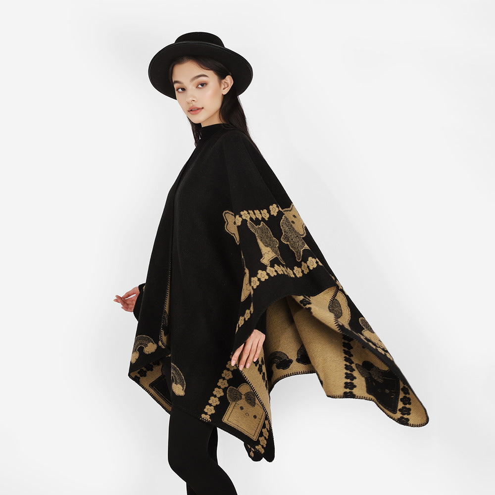 Damen Oversize-Poncho mit Jacquard‑Tiermotiv und asymmetrischem Zipfelsaum Shop Nory