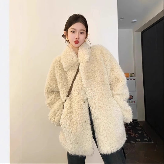 Damen Oversize Teddyfell‑Mantel mit Schalkragen und verdeckter Knopfleiste Shop Nory