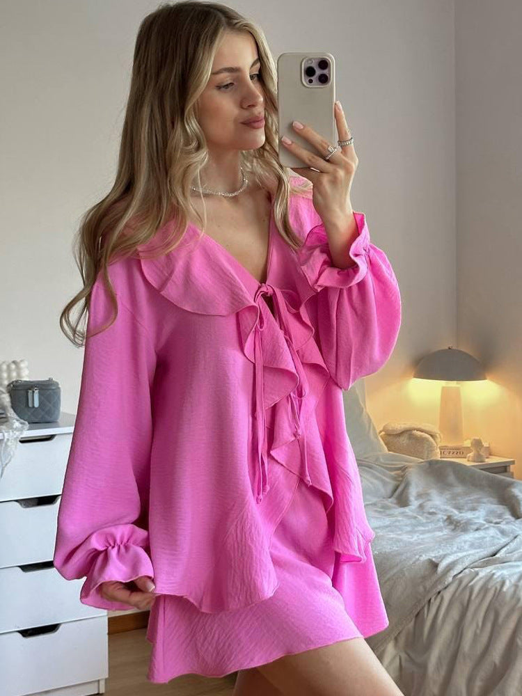 Damen Verspieltes Rüschenset aus leichter Crêpe-Qualität mit Bindebluse und A-Linien Minirock Shop Nory