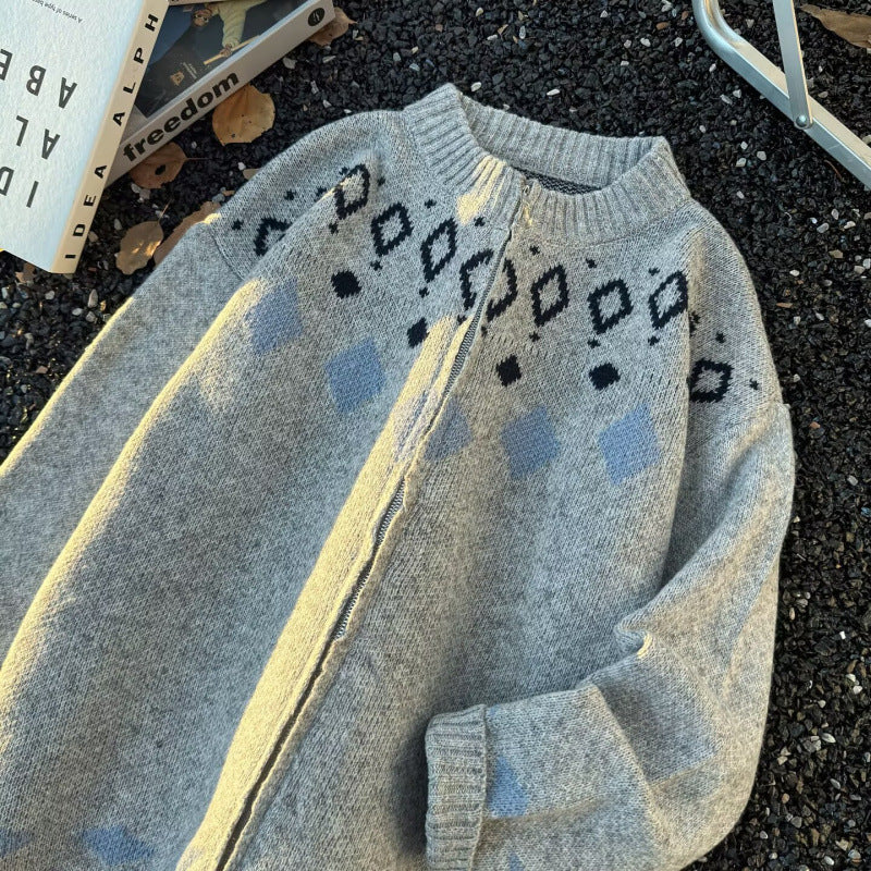 Unisex Grobgestrickte Norweger-Cardigan mit Rundhals, durchgehendem Reißverschluss und Jacquard‑Yoke Shop Nory