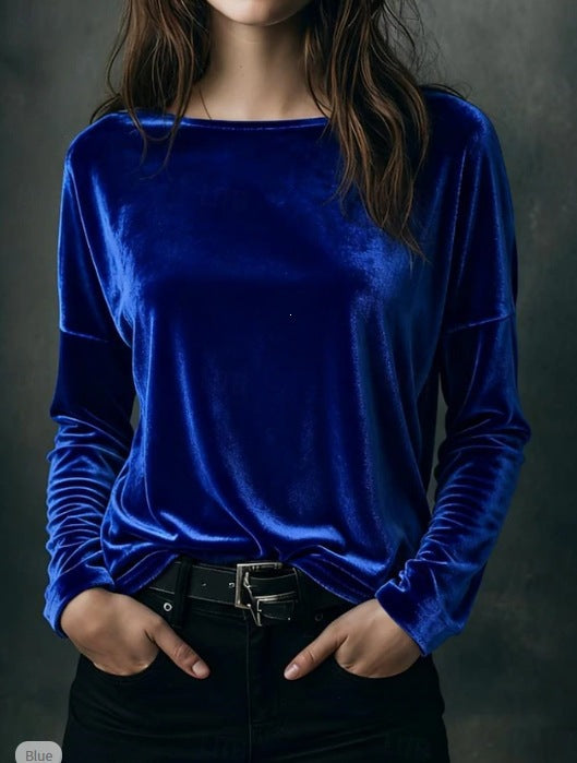 Damen Feines Velours-Langarmshirt mit U-Boot-Ausschnitt und kastiger Silhouette Shop Nory