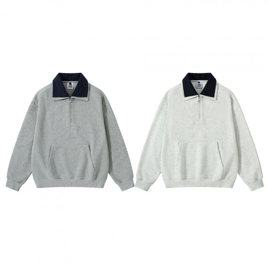 Unisex Oversize-Halbzip-Sweatshirt mit kontrastierendem Kentkragen, Kängurutasche und gerippten Bündchen Shop Nory