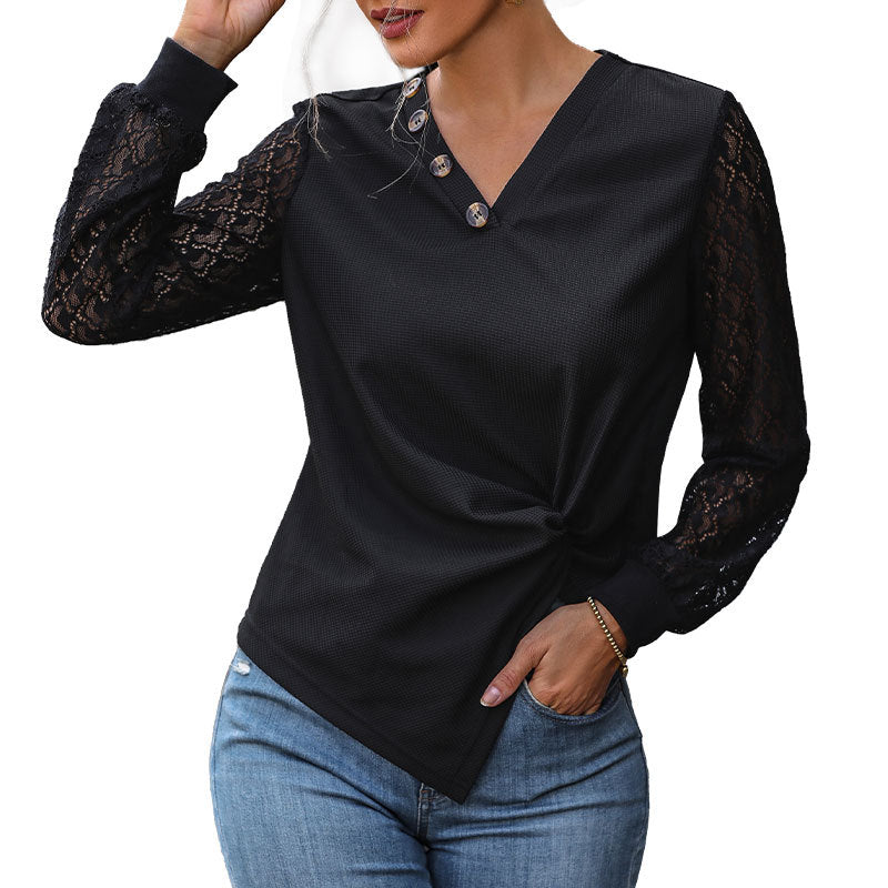 Damen V-Ausschnitt Blusenshirt mit Spitzenärmeln, asymmetrischer Knopfleiste und Knotenfront Shop Nory