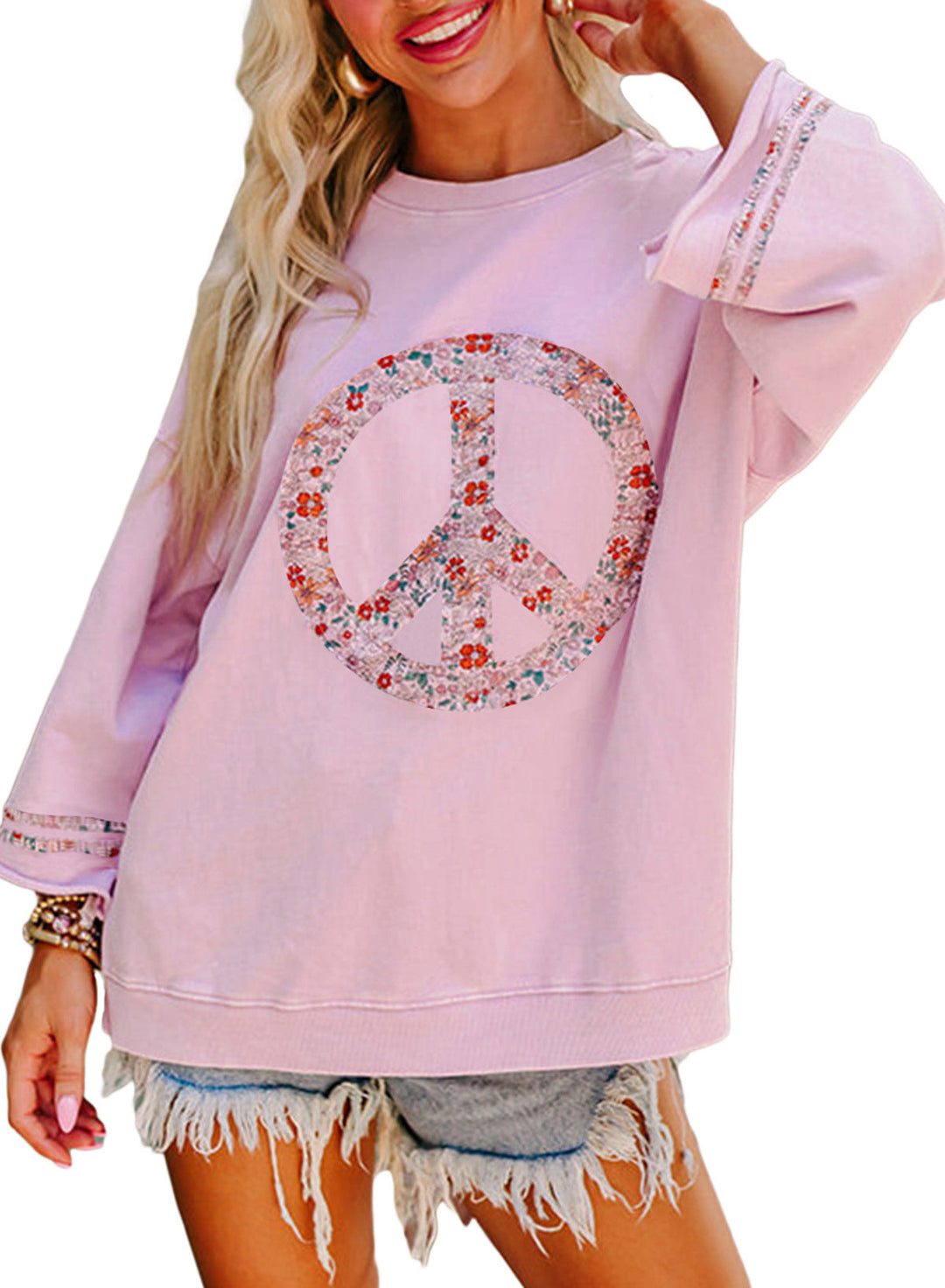Damen Sweatshirt mit Floralem Peace-Zeichen