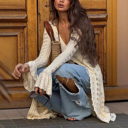 Damen Langer Häkelstrick-Cardigan mit Glockenärmeln und Offener Front Shop Nory