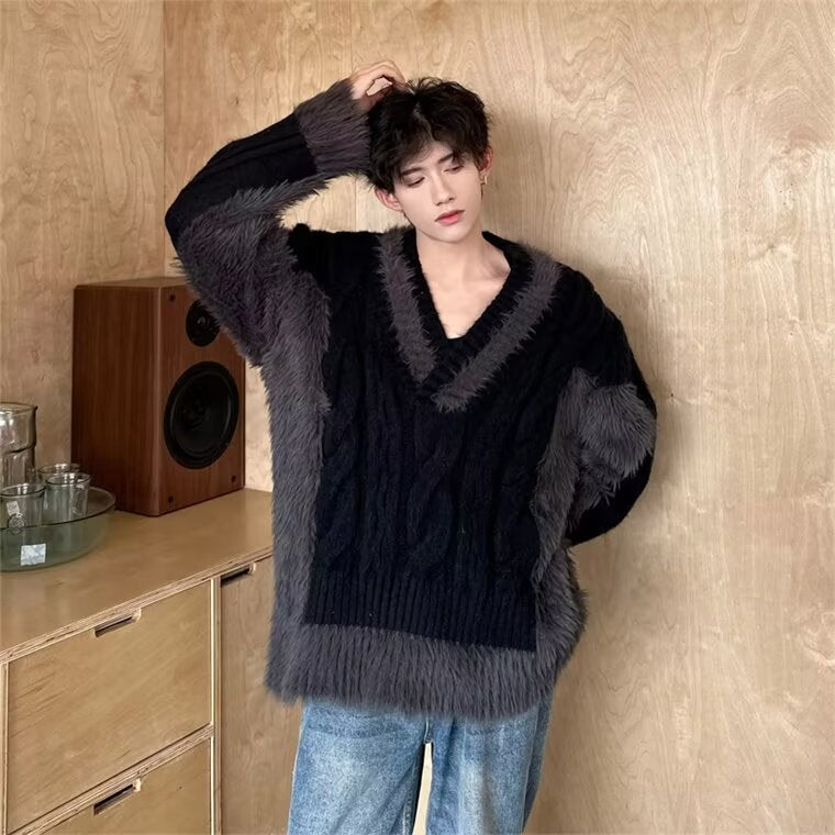 Herren Luxuriöser Grobstrickpullover mit tiefem V-Ausschnitt Shop Nory