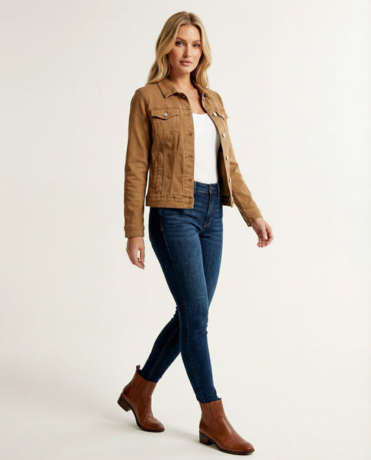 Damen Mode kurze klassische Jeansjacke mit aufgesetzten Brusttaschen und verkürztem Saum