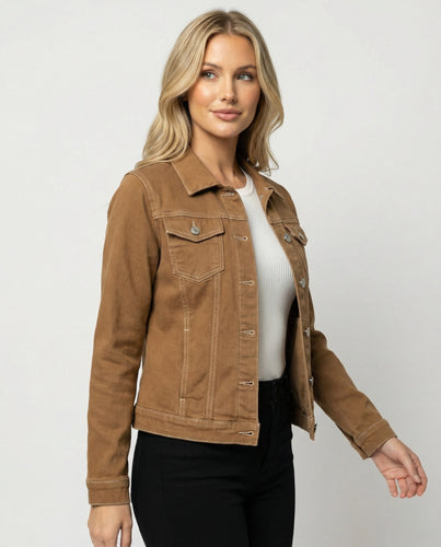Damen Mode kurze klassische Jeansjacke mit aufgesetzten Brusttaschen und verkürztem Saum