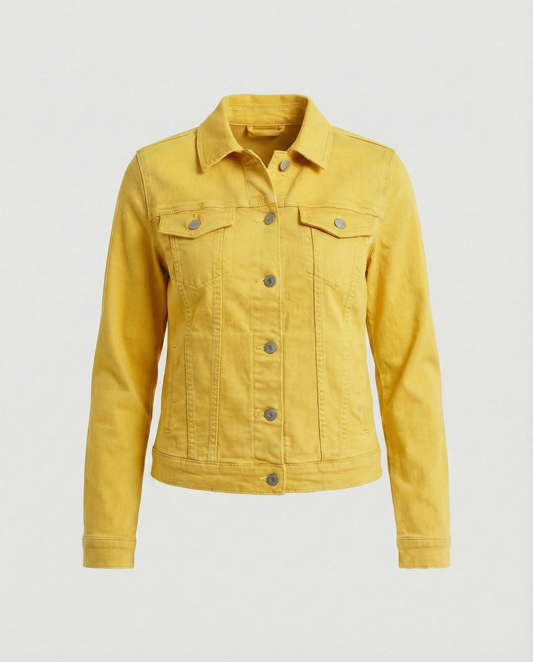 Damen Mode kurze klassische Jeansjacke mit aufgesetzten Brusttaschen und verkürztem Saum
