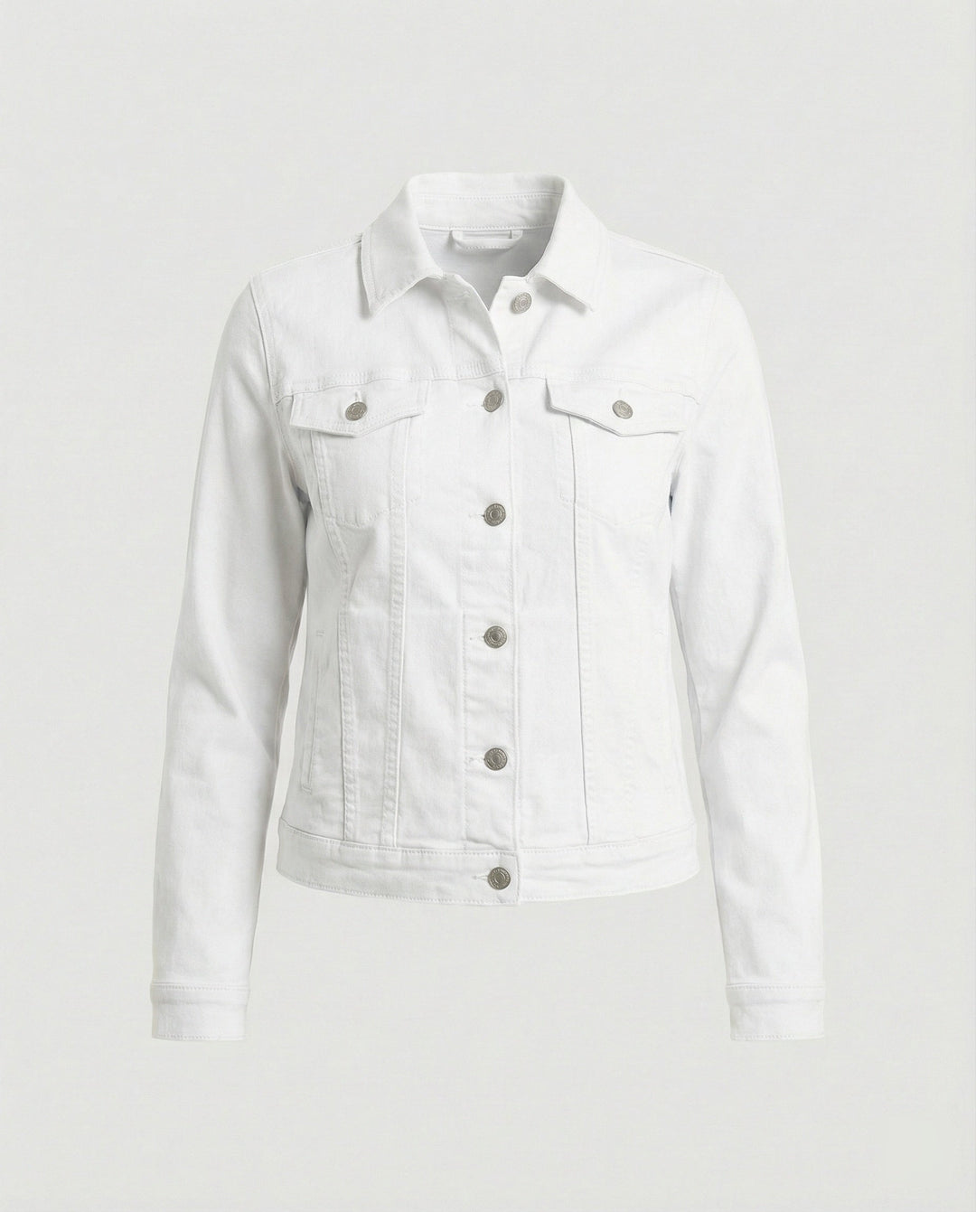 Damen Mode kurze klassische Jeansjacke mit aufgesetzten Brusttaschen und verkürztem Saum