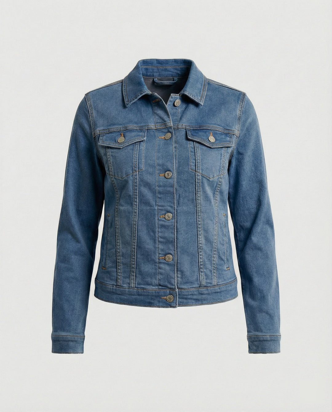 Damen Mode kurze klassische Jeansjacke mit aufgesetzten Brusttaschen und verkürztem Saum